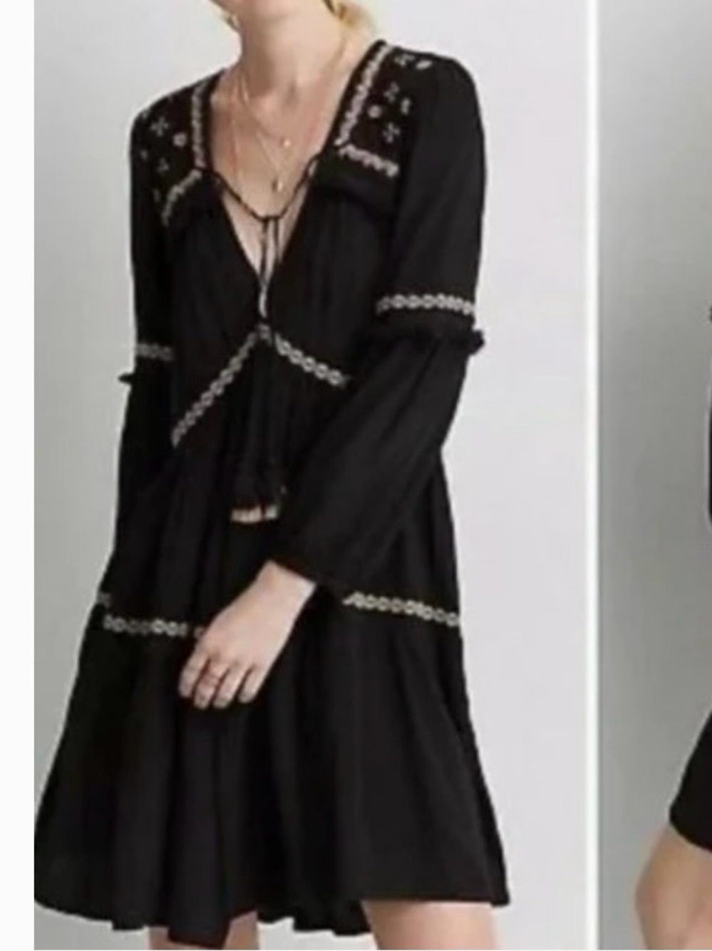 American Eagle Outfitters Black Long Sleeve Embroidered Tiered Dress Size XS